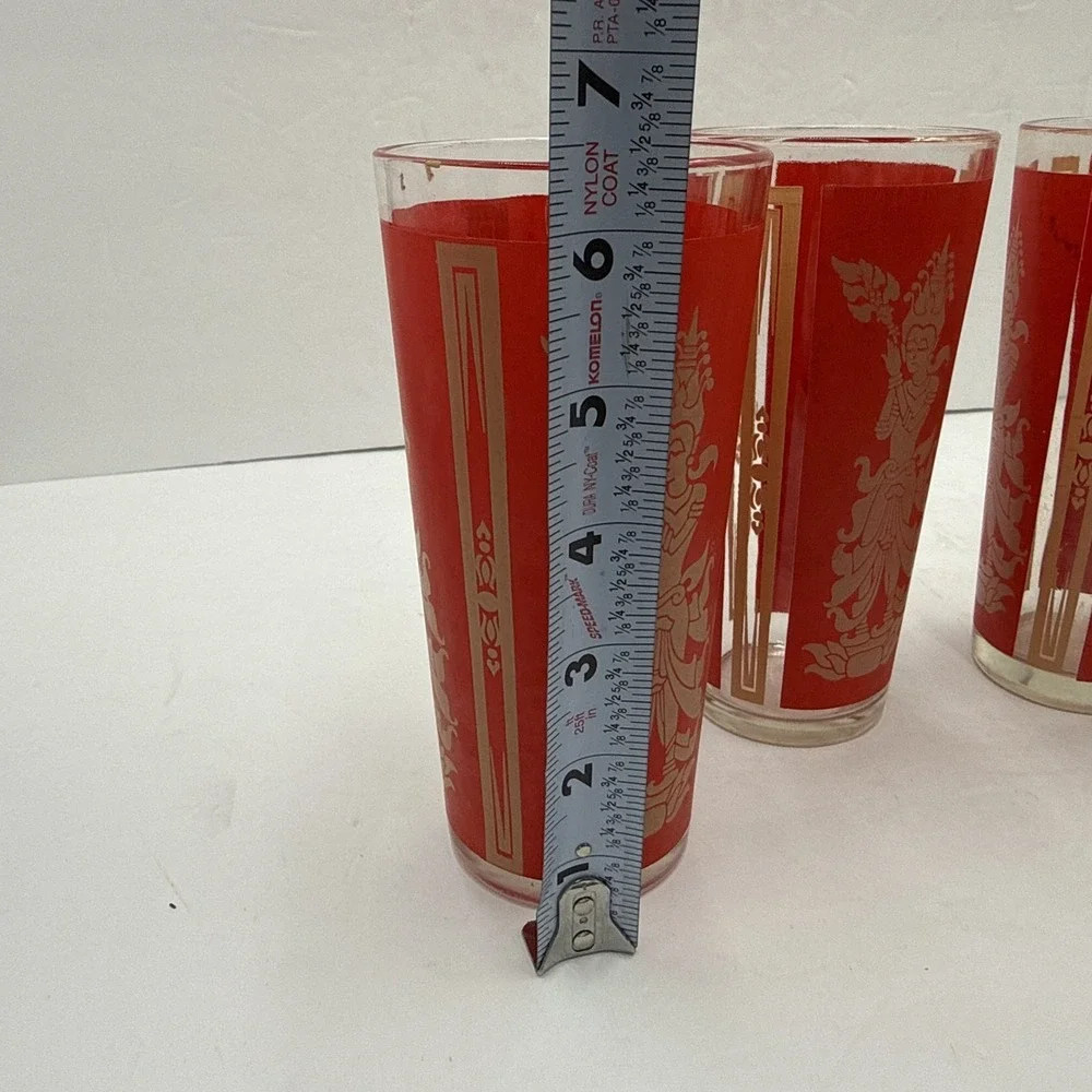 Vntg 1960's Culvers Red & Gold Siam Thai Goddess 4 High Ball Glasses‎ 6.25